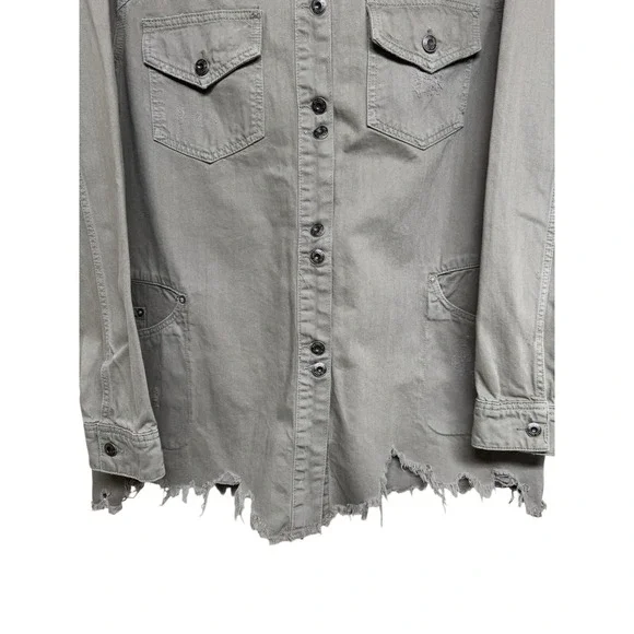Free People Moonchild Denim Shirt Jacket Distressed Olive Women's Size Large - Picture 5 of 14